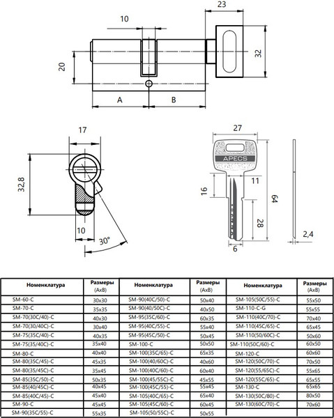 Изображение товара Цилиндровый механизм замка Apecs SM-120(50/70C)-C-NI