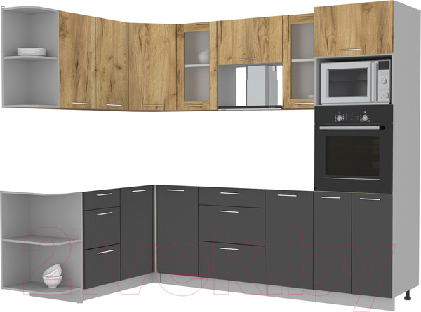 Изображение товара Кухонный гарнитур Интерлиния Мила 1.68x2.6 левая без столешницы (дуб золотой/антрацит)