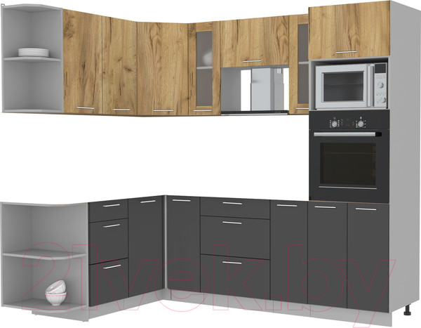 Изображение товара Кухонный гарнитур Интерлиния Мила 1.68x2.4 левая без столешницы (дуб золотой/антрацит)