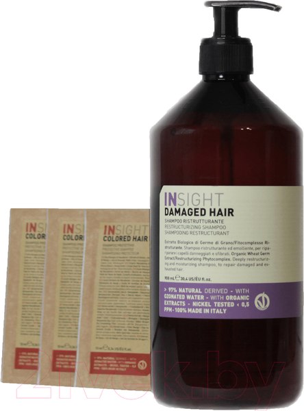 Изображение товара Набор косметики для волос Insight Damaged Hair Шампунь Restructurizing+Шампунь PMIN008  (900мл+3x10мл)