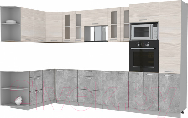 Изображение товара Кухонный гарнитур Интерлиния Мила 1.68x3.4 левая без столешницы (вудлайн кремовый/бетон)