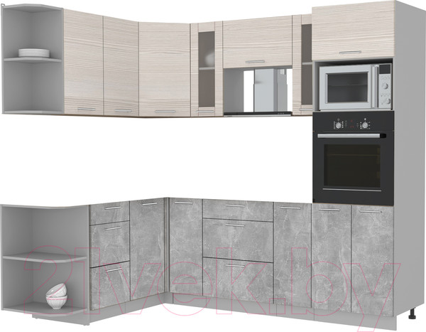 Изображение товара Кухонный гарнитур Интерлиния Мила 1.68x2.4 левая без столешницы (вудлайн кремовый/бетон)