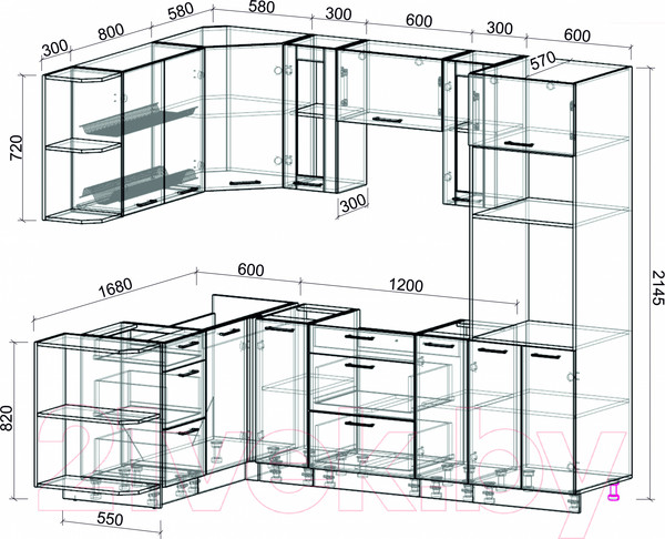 Изображение товара Кухонный гарнитур Интерлиния Мила 1.68x2.4 левая без столешницы (дуб молочный/дуб венге)