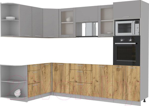 Изображение товара Кухонный гарнитур Интерлиния Мила 1.68x2.8 левая без столешницы (серебристый/дуб золотой)