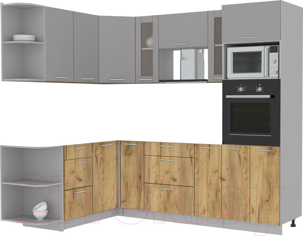 Изображение товара Кухонный гарнитур Интерлиния Мила 1.68x2.4 левая без столешницы (серебристый/дуб золотой)