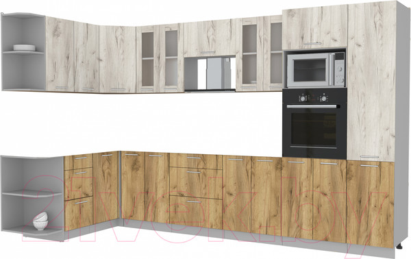 Изображение товара Кухонный гарнитур Интерлиния Мила 1.68x3.4 левая без столешницы (дуб белый/дуб золотой)