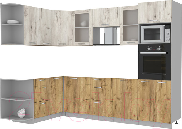 Изображение товара Кухонный гарнитур Интерлиния Мила 1.68x2.8 левая без столешницы (дуб белый/дуб золотой)