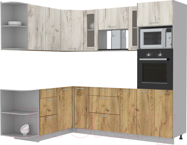 Изображение товара Кухонный гарнитур Интерлиния Мила 1.68x2.4 левая без столешницы (дуб белый/дуб золотой)