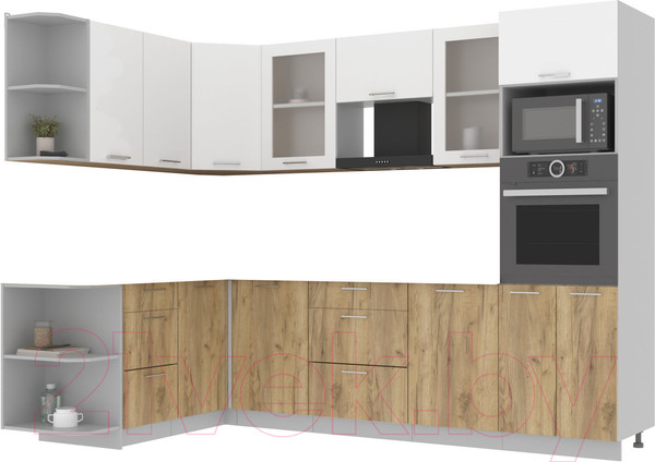 Изображение товара Кухонный гарнитур Интерлиния Мила 1.68x2.8 левая без столешницы (белый платинум/дуб золотой)