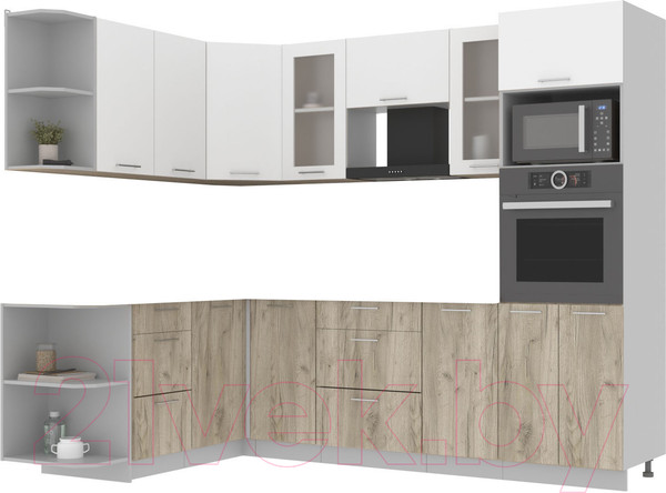 Изображение товара Кухонный гарнитур Интерлиния Мила 1.68x2.6 левая без столешницы (белый платинум/дуб серый)