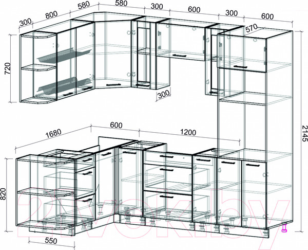 Изображение товара Кухонный гарнитур Интерлиния Мила 1.68x2.4 левая без столешницы (белый платинум/дуб серый)