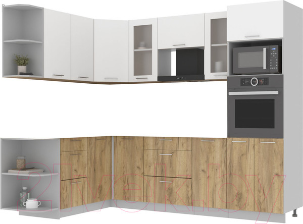 Изображение товара Кухонный гарнитур Интерлиния Мила 1.68x2.6 левая без столешницы (белый платинум/дуб золотой)