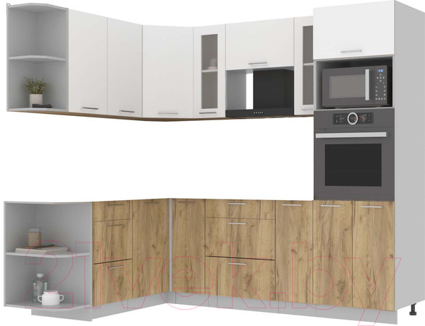 Изображение товара Кухонный гарнитур Интерлиния Мила 1.68x2.4 левая без столешницы (белый платинум/дуб золотой)