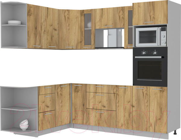 Изображение товара Кухонный гарнитур Интерлиния Мила 1.68x2.4 левая без столешницы (дуб золотой/дуб золотой)