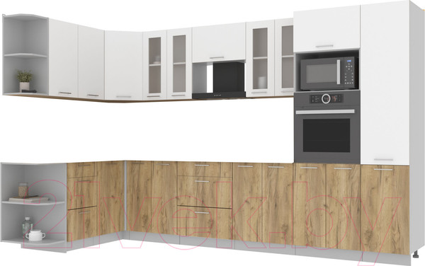 Изображение товара Кухонный гарнитур Интерлиния Мила 1.68x3.4 левая без столешницы (белый платинум/дуб золотой)