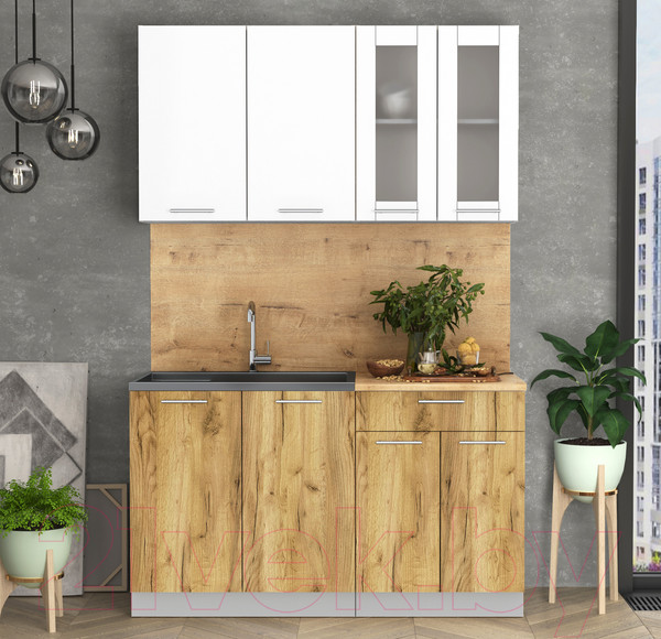 Изображение товара Кухонный гарнитур Интерлиния Мила 14 (белый платинум/дуб золотой/дуб бунратти)