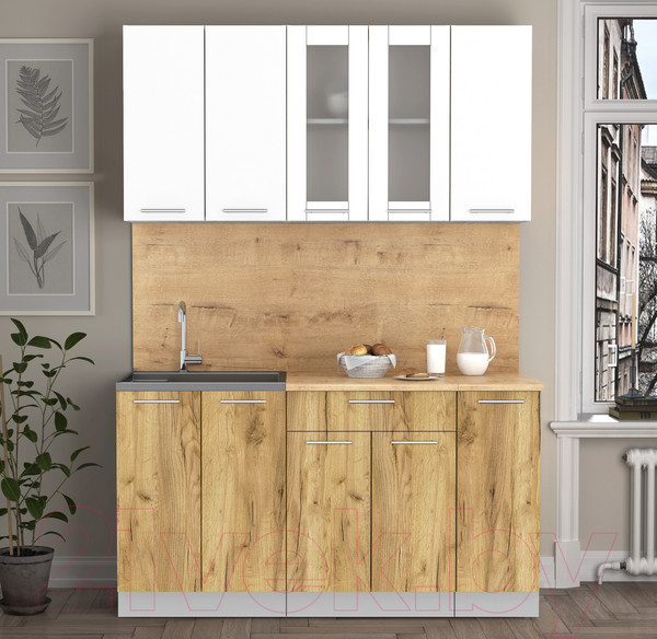 Изображение товара Кухонный гарнитур Интерлиния Мила 15 (белый платинум/дуб золотой/дуб бунратти)