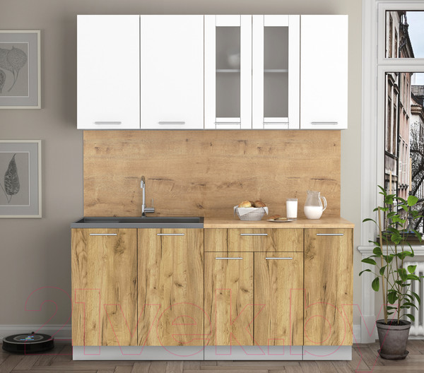 Изображение товара Кухонный гарнитур Интерлиния Мила 17 (белый платинум/дуб золотой/дуб бунратти)
