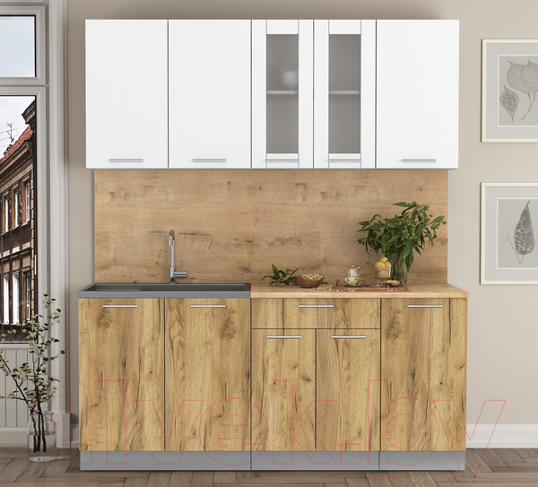 Изображение товара Кухонный гарнитур Интерлиния Мила 18 (белый платинум/дуб золотой/дуб бунратти)