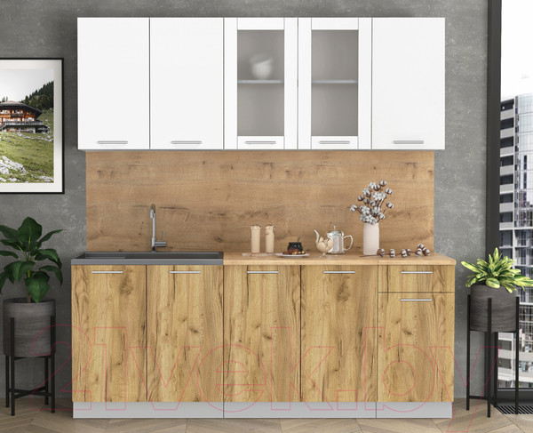 Изображение товара Кухонный гарнитур Интерлиния Мила 20 (белый платинум/дуб золотой/дуб бунратти)