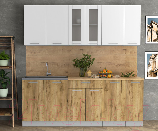 Изображение товара Кухонный гарнитур Интерлиния Мила 21 (белый платинум/дуб золотой/дуб бунратти)