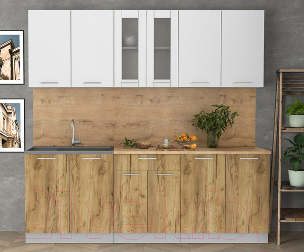 Изображение товара Кухонный гарнитур Интерлиния Мила 22 (белый платинум/дуб золотой/дуб бунратти)