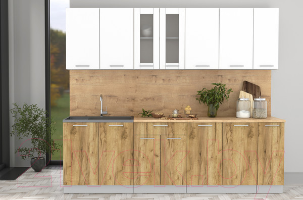 Изображение товара Кухонный гарнитур Интерлиния Мила 25 (белый платинум/дуб золотой/дуб бунратти)