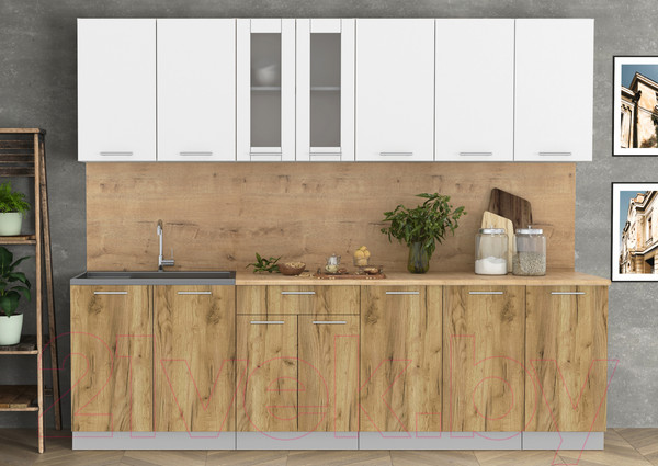 Изображение товара Кухонный гарнитур Интерлиния Мила 26 (белый платинум/дуб золотой/дуб бунратти)