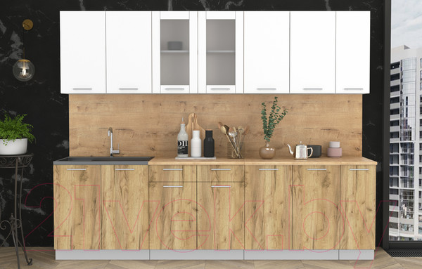 Изображение товара Кухонный гарнитур Интерлиния Мила 27 (белый платинум/дуб золотой/дуб бунратти)