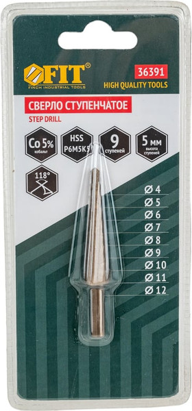 Изображение товара Сверло FIT HSS ступенчатое 4-12м / 36391
