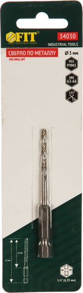 Изображение товара Сверло FIT HSS U-хвостовик 3мм / 34030