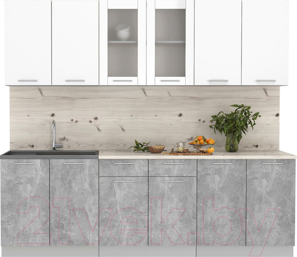 Изображение товара Кухонный гарнитур Интерлиния Мила 24 (бетон/белый платинум глянец/бискайская сосна)