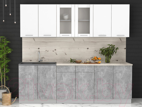 Изображение товара Кухонный гарнитур Интерлиния Мила 24 (бетон/белый платинум глянец/бискайская сосна)