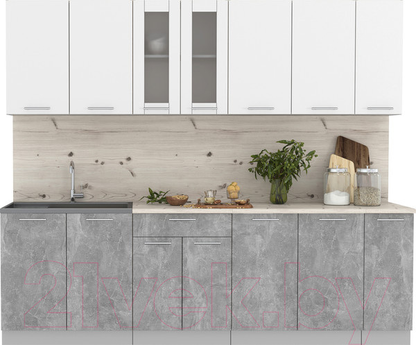 Изображение товара Кухонный гарнитур Интерлиния Мила 25 (бетон/белый платинум глянец/бискайская сосна)