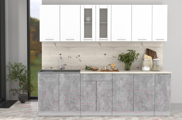 Изображение товара Кухонный гарнитур Интерлиния Мила 25 (бетон/белый платинум глянец/бискайская сосна)