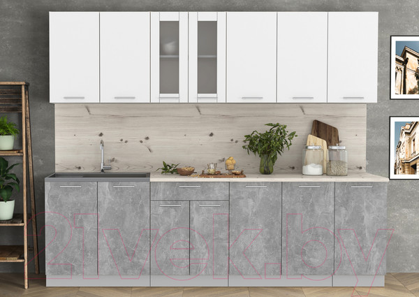 Изображение товара Кухонный гарнитур Интерлиния Мила 26 (бетон/белый платинум глянец/бискайская сосна)
