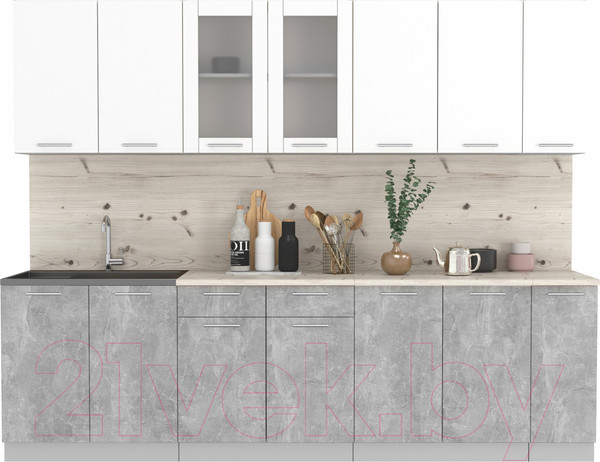 Изображение товара Кухонный гарнитур Интерлиния Мила 27 (белый платинум/бетон/бискайская сосна)