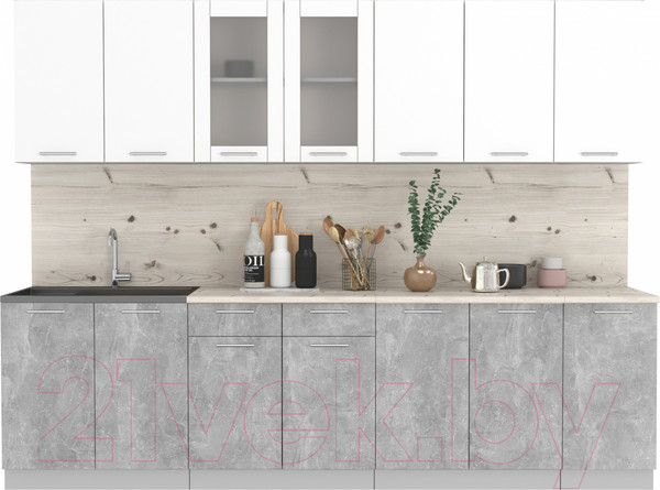 Изображение товара Кухонный гарнитур Интерлиния Мила 28 (белый платинум/бетон/бискайская сосна)