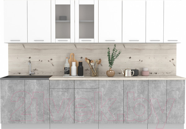 Изображение товара Кухонный гарнитур Интерлиния Мила 30 (белый платинум/бетон/бискайская сосна)