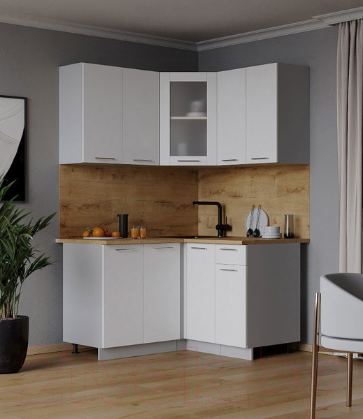 Изображение товара Кухонный гарнитур Интерлиния Мила 12x12 (белый платинум/белый платинум глянец/дуб бунратти)