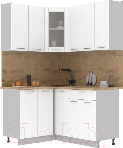 Изображение товара Кухонный гарнитур Интерлиния Мила 12x15 (белый платинум/белый платинум глянец/дуб бунратти)