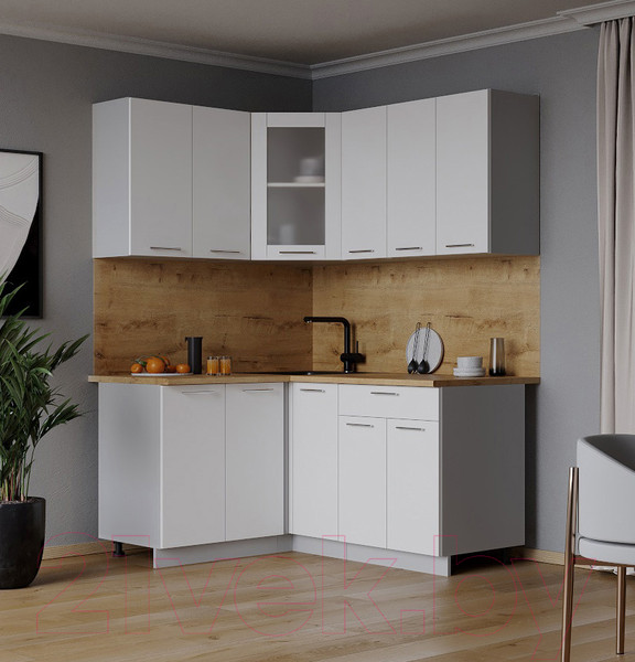 Изображение товара Кухонный гарнитур Интерлиния Мила 12x15 (белый платинум/белый платинум глянец/дуб бунратти)