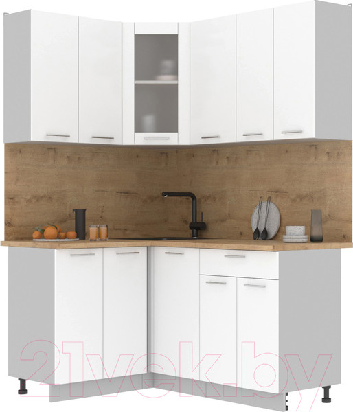 Изображение товара Кухонный гарнитур Интерлиния Мила 12x16 (белый платинум/белый платинум глянец/дуб бунратти)