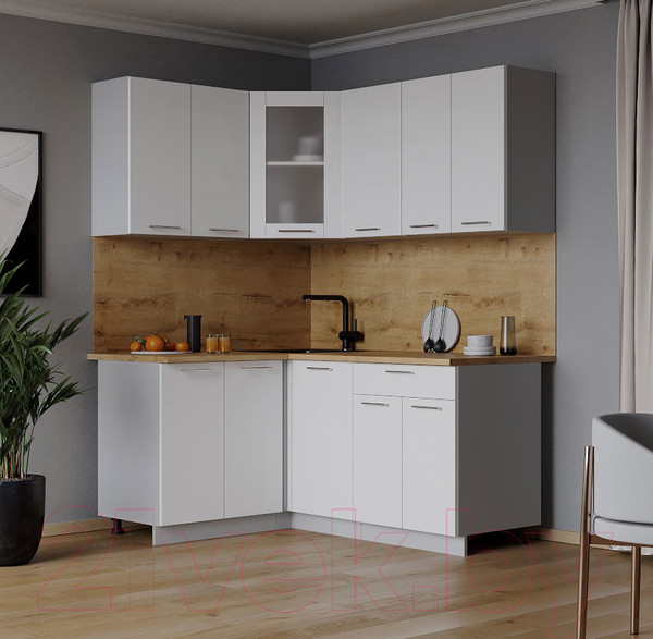 Изображение товара Кухонный гарнитур Интерлиния Мила 12x16 (белый платинум/белый платинум глянец/дуб бунратти)