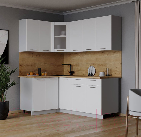 Изображение товара Кухонный гарнитур Интерлиния Мила 12x18 (белый платинум/белый платинум глянец/дуб бунратти)