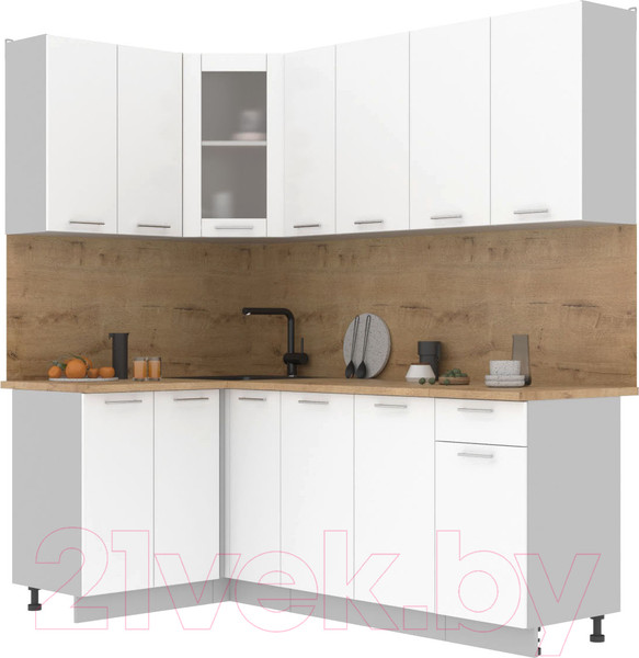 Изображение товара Кухонный гарнитур Интерлиния Мила 12x21 (белый платинум/белый платинум глянец/дуб бунратти)