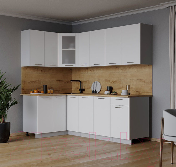 Изображение товара Кухонный гарнитур Интерлиния Мила 12x21 (белый платинум/белый платинум глянец/дуб бунратти)