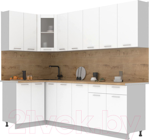 Изображение товара Кухонный гарнитур Интерлиния Мила 12x25 (белый платинум/белый платинум глянец/дуб бунратти)