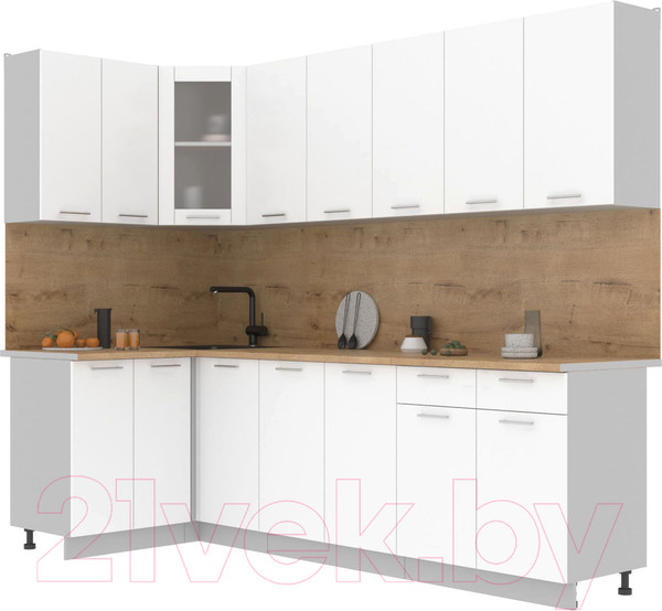Изображение товара Кухонный гарнитур Интерлиния Мила 12x26 (белый платинум/белый платинум глянец/дуб бунратти)