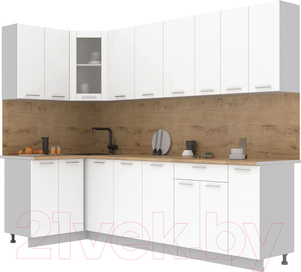 Изображение товара Кухонный гарнитур Интерлиния Мила 12x27 (белый платинум/белый платинум глянец/дуб бунратти)